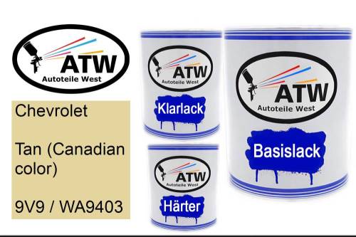 Chevrolet, Tan (Canadian color), 9V9 / WA9403: 1L Lackdose + 1L Klarlack + 500ml Härter - Set, von ATW Autoteile West.